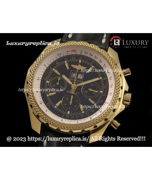 BREITLING BENTLEY 6.75 SWISS CHRONOGRAPH YELLOW GOLD BLACK DIAL - BLACK LEATHER STRAP