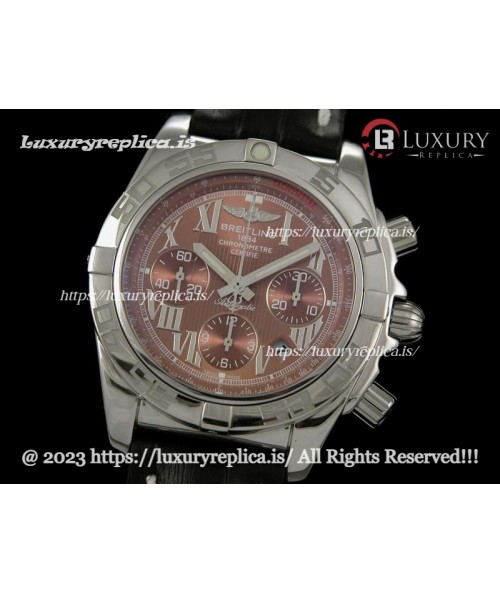 BREITLING CHRONOMAT B01 SWISS CHRONOGRAPH BROWN DIAL - ROMAN MARKERS - BLACK LEATHER STRAP