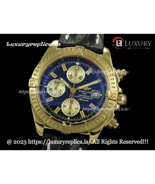 BREITLING CHRONOMAT EVOLUTION SWISS CHRONOGRAPH YELLOW GOLD - STICK MARKERS - BLACK DIAL - BLACK LEATHER STRAP