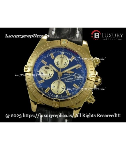 BREITLING CHRONOMAT EVOLUTION SWISS CHRONOGRAPH YELLOW GOLD - STICK MARKERS - BLUE DIAL - BLACK LEATHER STRAP