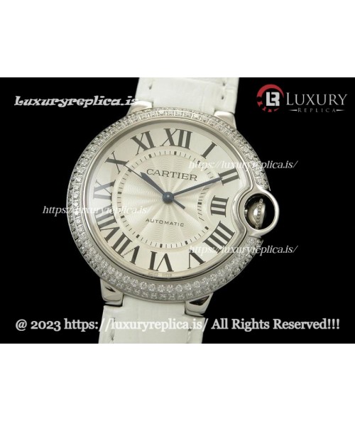 CARTIER BALLON MID SIZE DIAMOND BEZEL SWISS AUTOMATIC - WHITE LEATHER STRAP