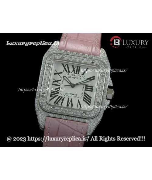 CARTIER SANTOS 100TH ANNIVERSARY LADIES WATCHES FULL DIAMOND SWISS AUTOMATIC - PINK LEATHER STRAP