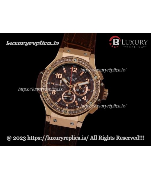 HUBLOT BIG BANG LADIES CHRONOGRAPH SWISS QUARTZ - ROSE GOLD - BROWN LEATHER STRAP