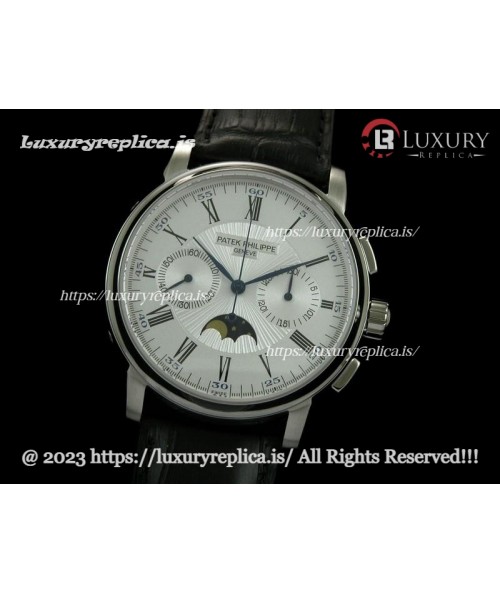 PATEK PHILIPPE MOONPHASE SWISS CHRONOGRAPH WHITE DIAL - BLACK LEATHER STRAP