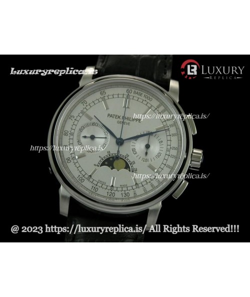 PATEK PHILIPPE MOONPHASE SWISS CHRONOGRAPH WHITE DIAL - STICK MARKERS - BLACK LEATHER STRAP