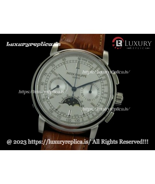 PATEK PHILIPPE MOONPHASE SWISS CHRONOGRAPH WHITE DIAL - STICK MARKERS - BROWN LEATHER STRAP
