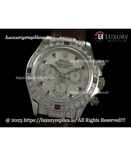 ROLEX DAYTONA SWISS AUTOMATIC MOVEMENT - MOP WHITE DIAL - BROWN LEATHER STRAP - CRYSTAL CRESTED BEZEL