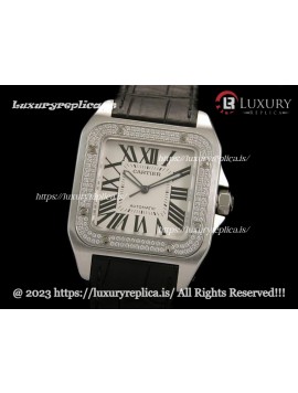 CARTIER SANTOS 100TH ANNIVERSARY DIAMOND BEZEL SWISS AUTOMATIC - BLACK LEATHER STRAP