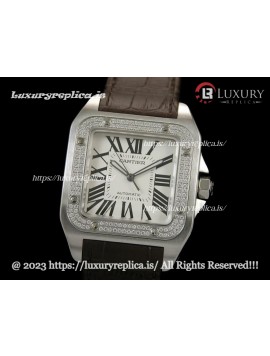 CARTIER SANTOS 100TH ANNIVERSARY DIAMOND BEZEL SWISS AUTOMATIC - BROWN LEATHER STRAP