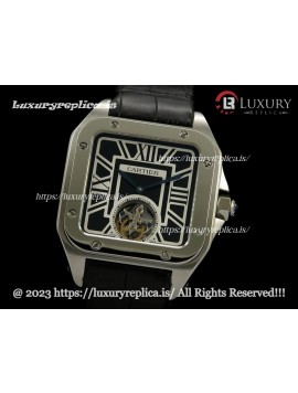 CARTIER SANTOS FLYING TOURBILLON BLACK DIAL - BLACK LEATHER STRAP