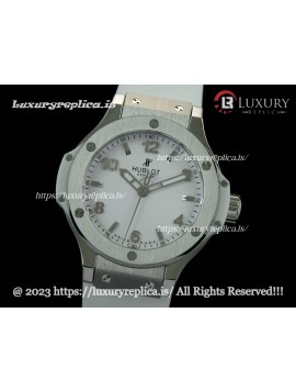 HUBLOT BIG BANG LADIES 38MM SWISS MOVEMENT STEEL BEZEL WHITE DIAL - RUBBER STRAP