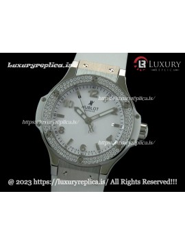 HUBLOT BIG BANG LADIES 38MM SWISS MOVEMENT DIAMOND BEZEL WHITE DIAL - RUBBER STRAP