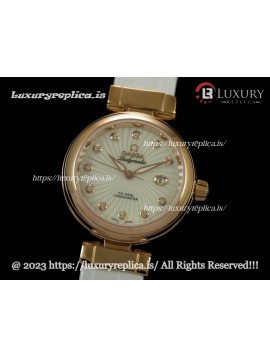 OMEGA DE VILLE LADYMATIC 34MM ROSE GOLD SWISS AUTOMATIC WHITE DIAL WHITE LEATHER STRAP
