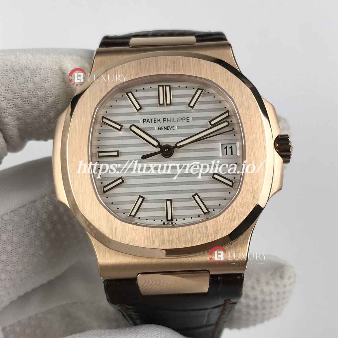 PATEK PHILIPPE NAUTILUS 40MM SWISS AUTOMATIC ROSE GOLD WHITE DIAL - BROWN LEATHER STRAP