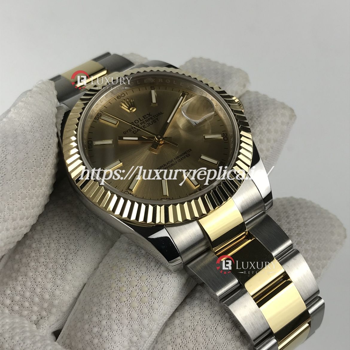 ROLEX DATEJUST II 2 TONE SWISS AUTOMATIC FLUTED BEZEL - OYSTER BRACELET - GOLD DIAL - STICK MARKERS